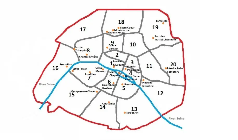 Hovedattraktioner er markeret på paris kort