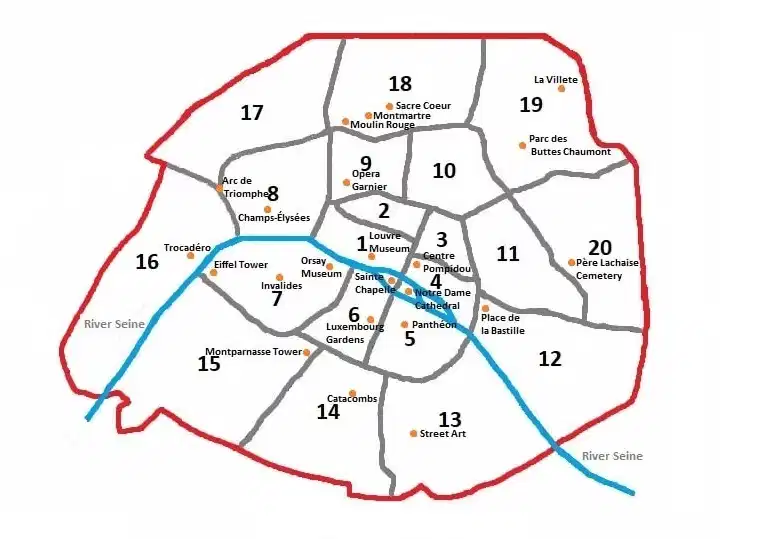 Paris stadskarta för beräkning av taxibiljett i Paris