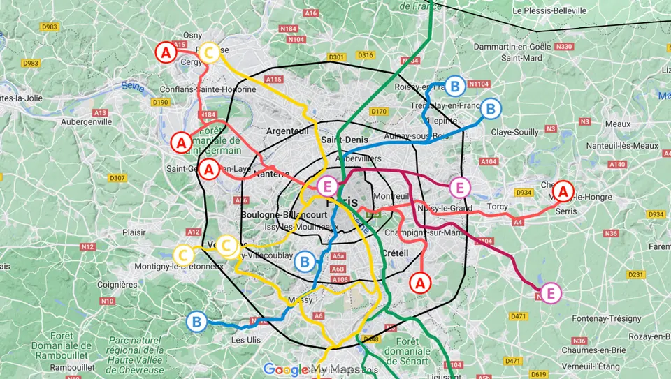 Google-map - som viser Paris' RER-zoner.